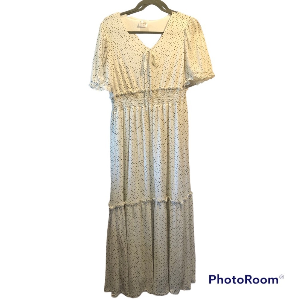 Siren Lily cream and black polka dot maxi dress fully lined stretch knit L